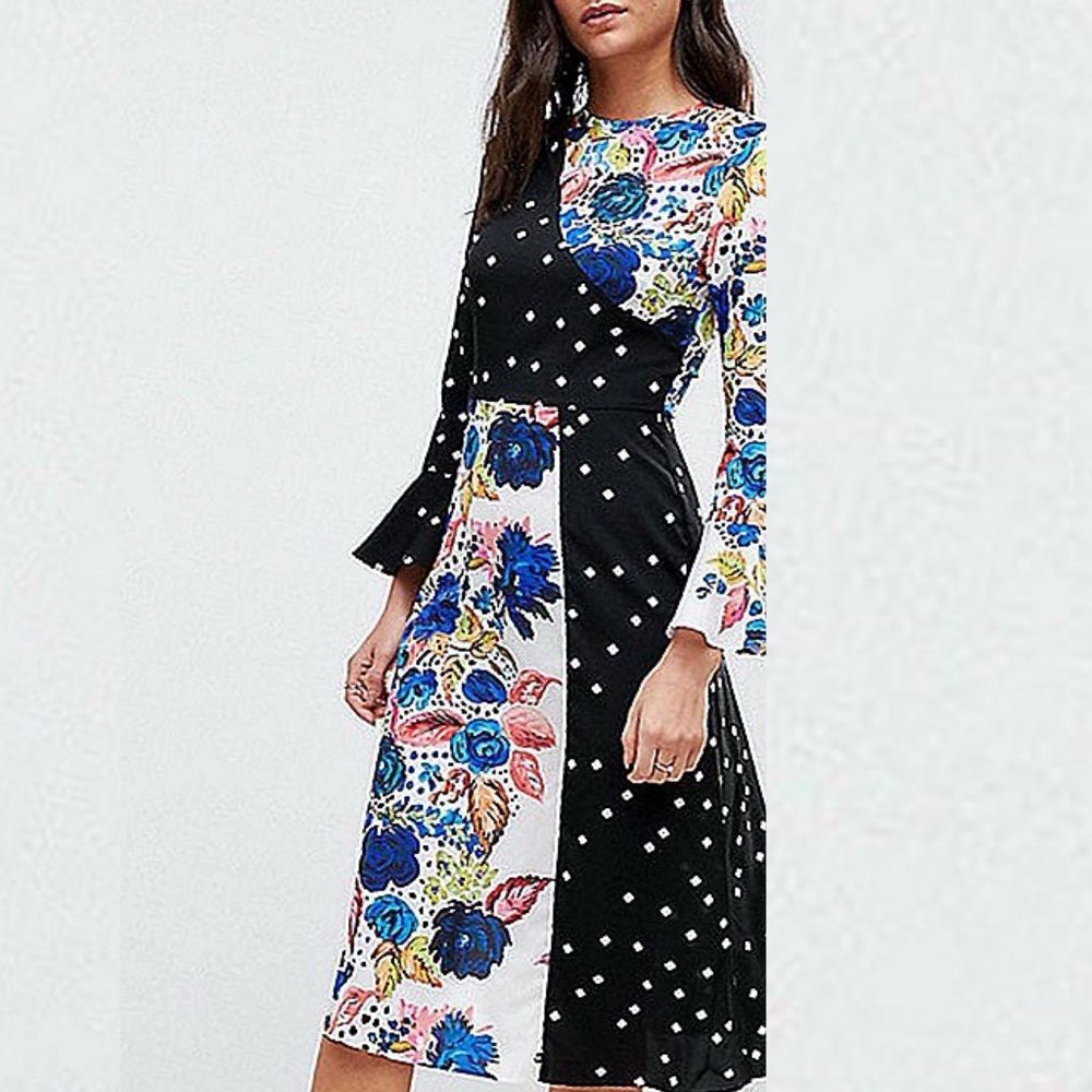 ASOS Black and White Floral & Polka Dot Midi Dress